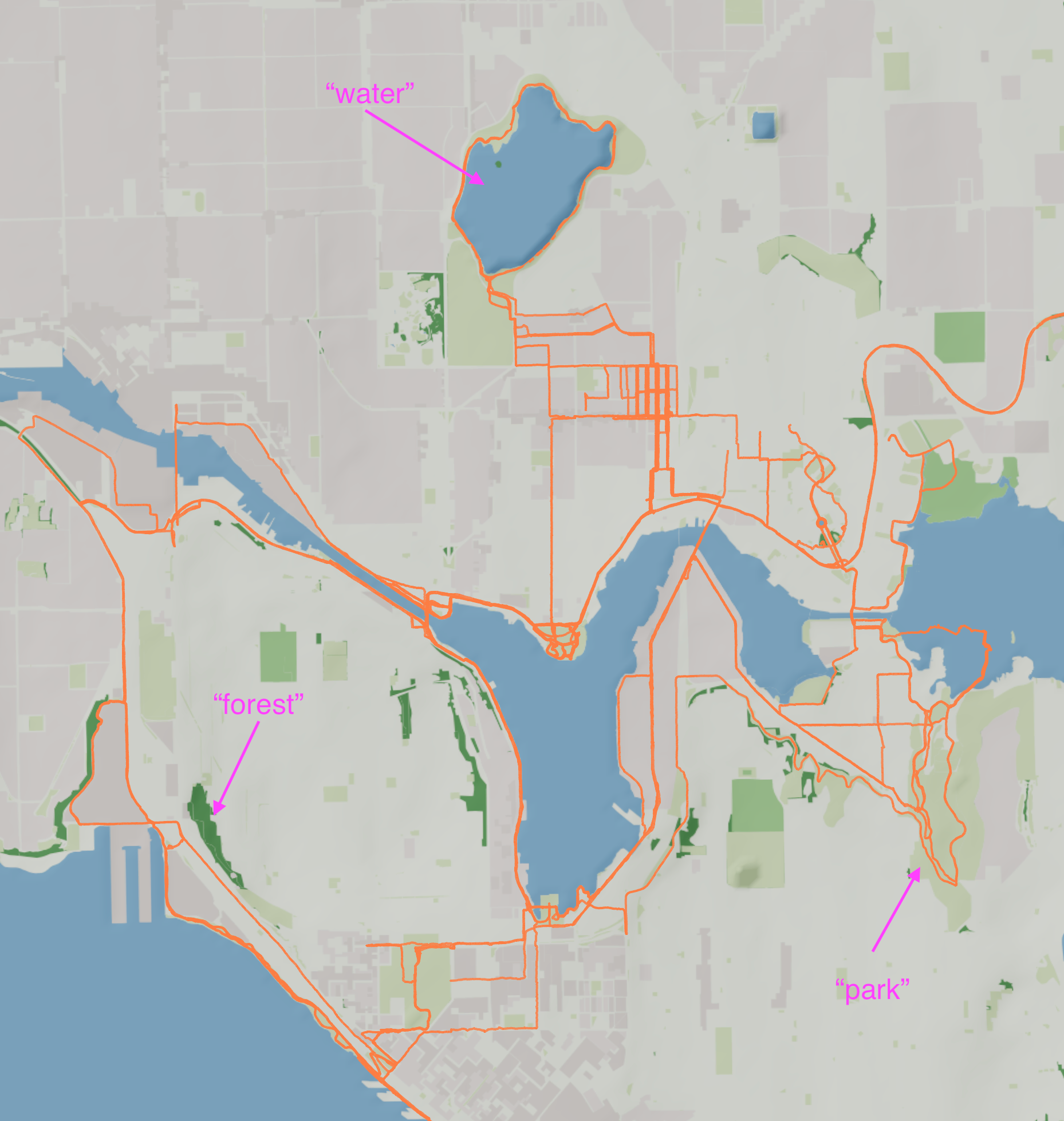 Screenshot of map pointing out different landcover assigned colors.