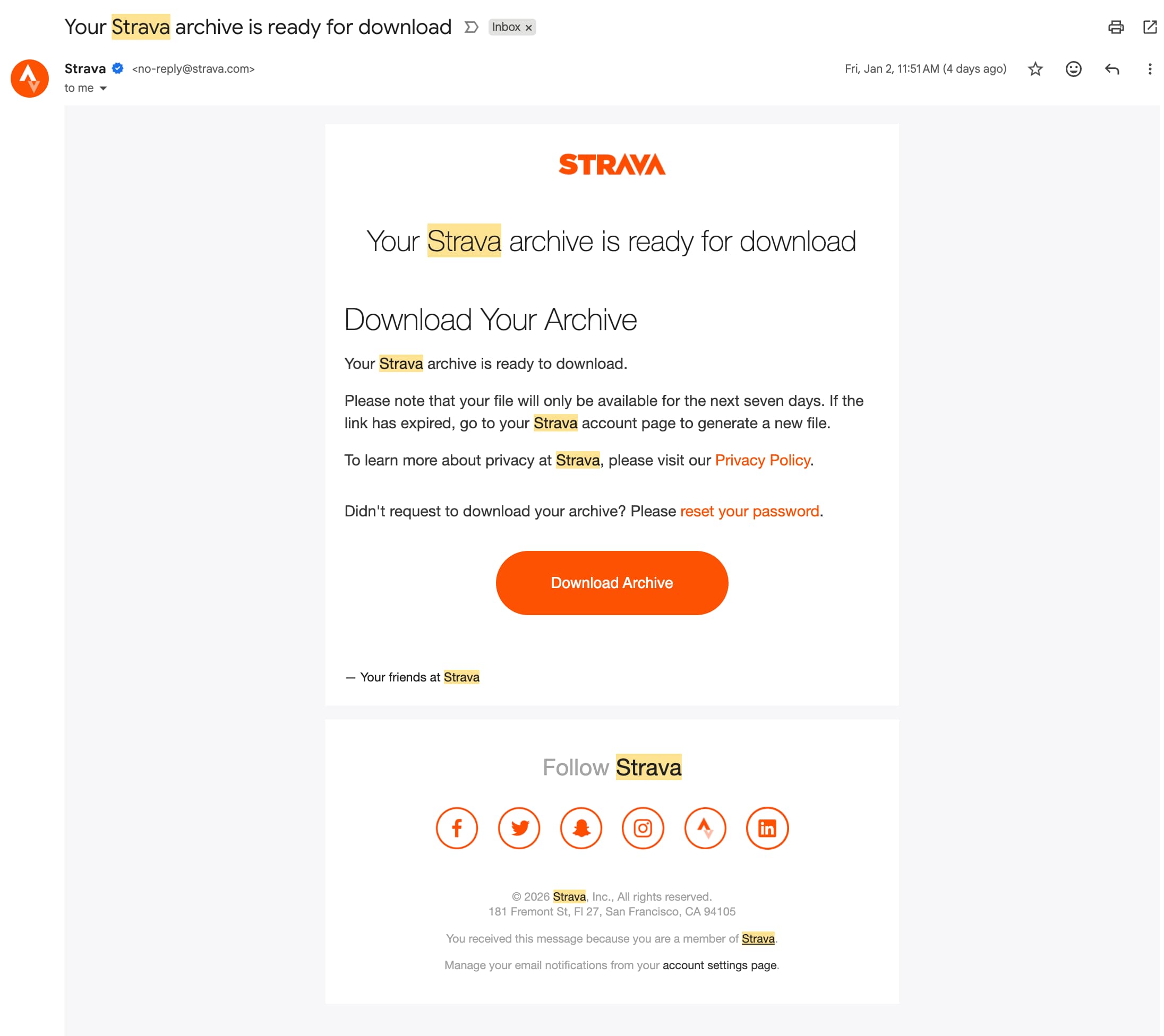Screenshot of the Strava email with link to download an archive