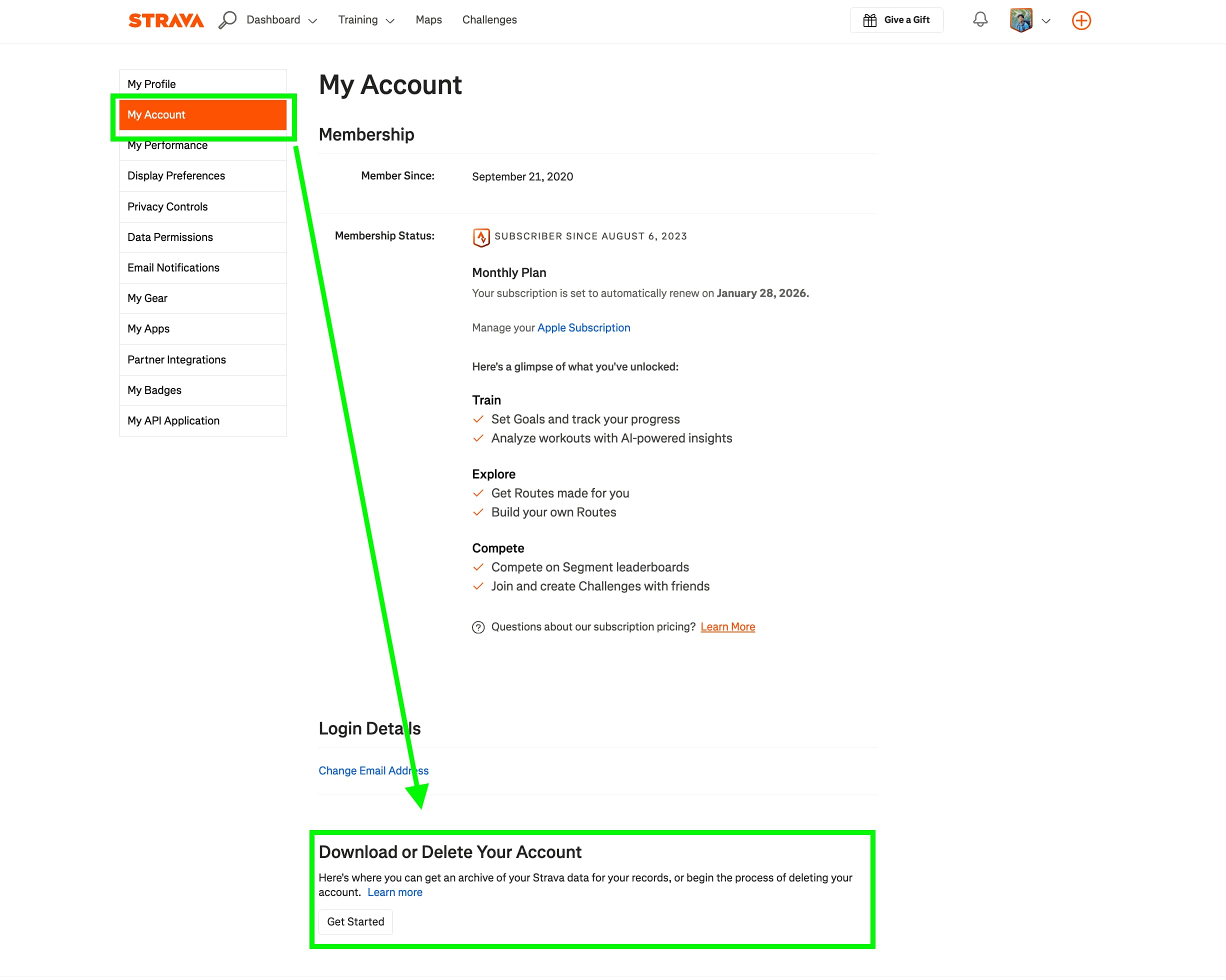 Screenshot of the Strava 'My Account' settings page